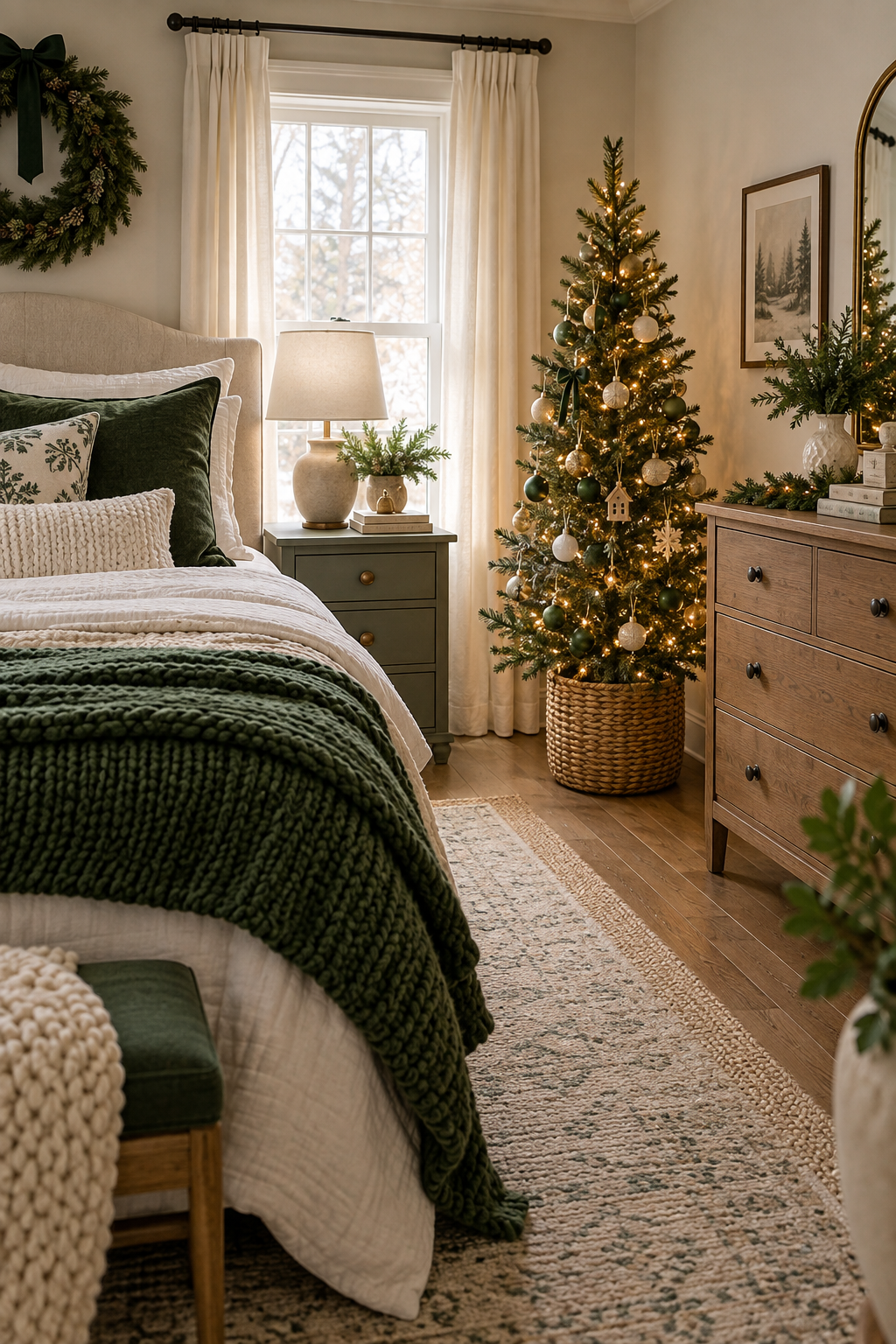 Small Christmas tree in woven basket beside a bedroom dresser with warm white lights