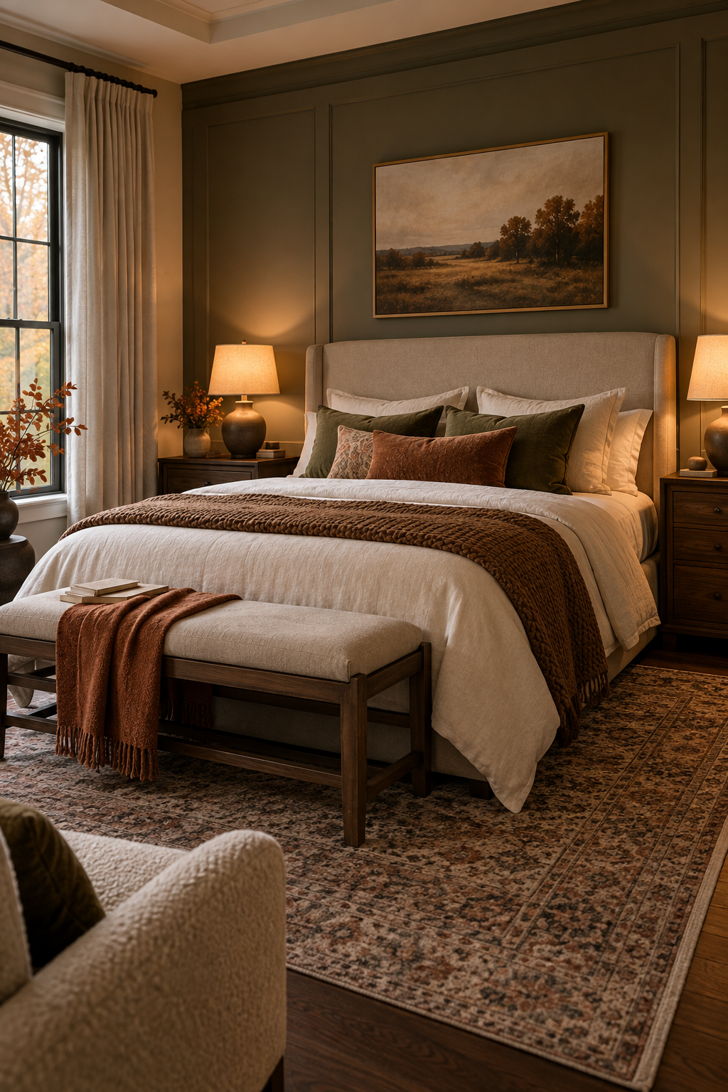 Amber bedside lighting in autumn bedroom