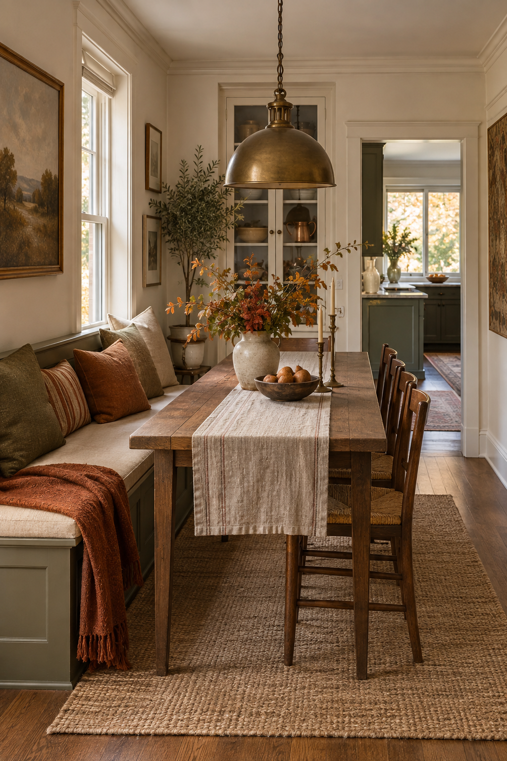 Bench seating in a narrow autumn dining room