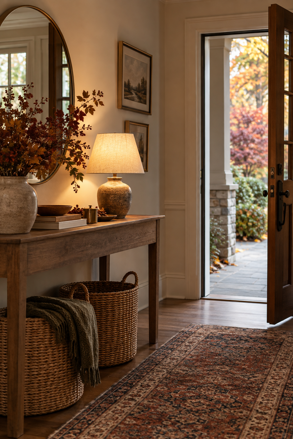 Small table lamp glowing in autumn entryway