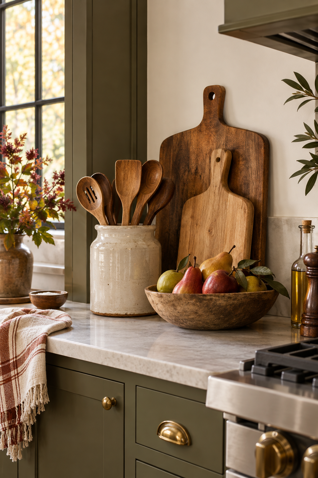 Wood cutting boards styled on kitchen counter