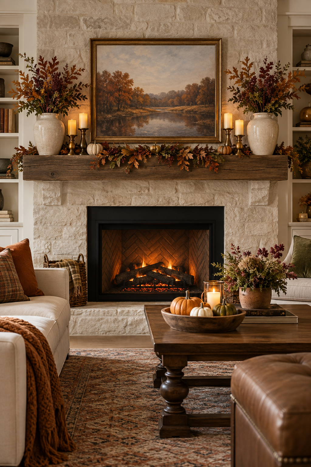 Symmetrical traditional fall mantel styling