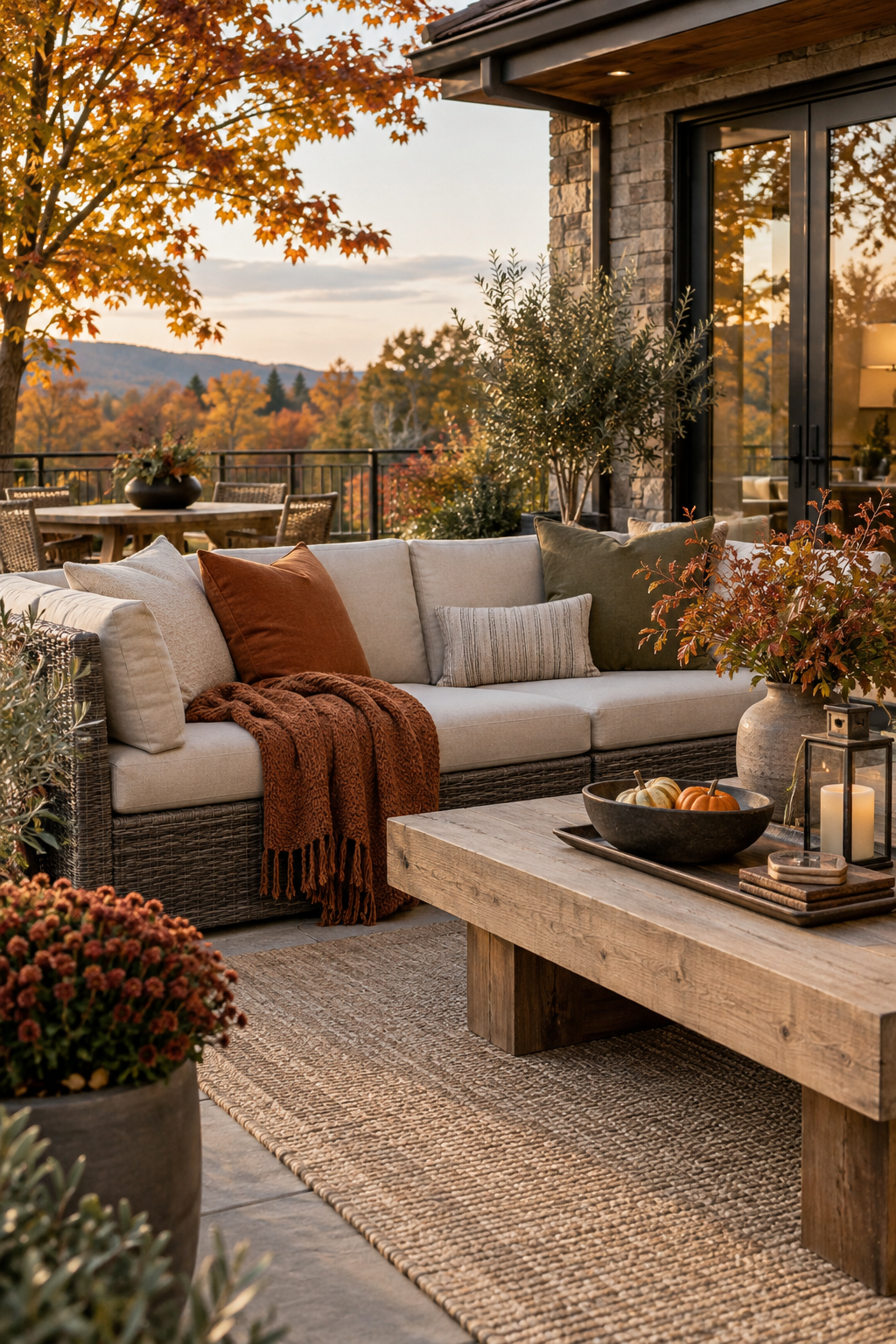 Weather resistant rust textiles on a fall patio