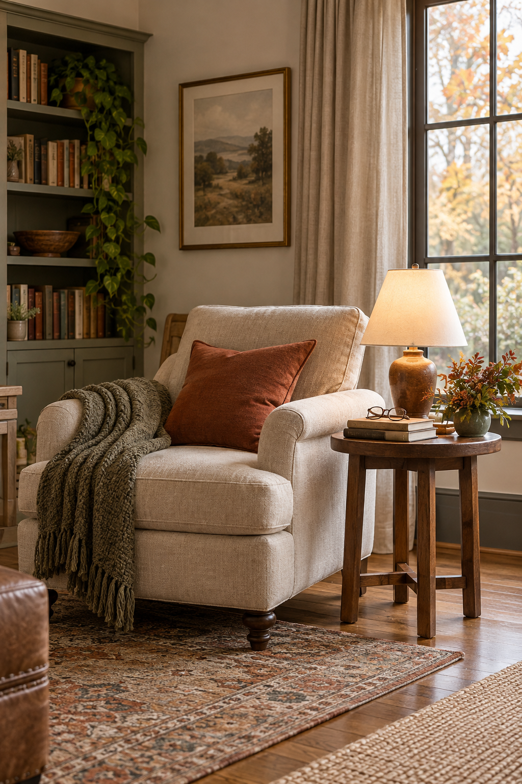 Floor lamp beside a cozy reading chair