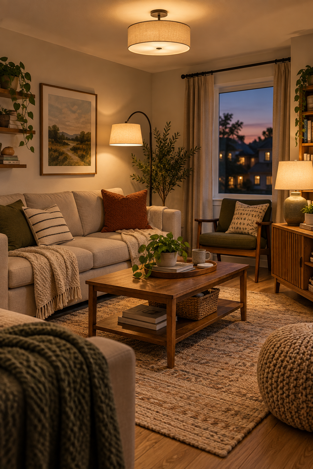 A first-home living room layered with floor, table and ambient lighting