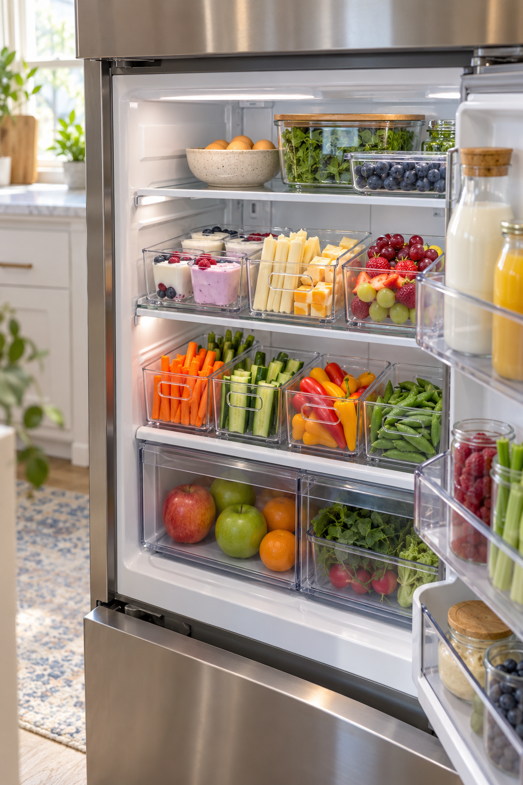Build a Grab-and-Go Snack Zone in a clean organized refrigerator