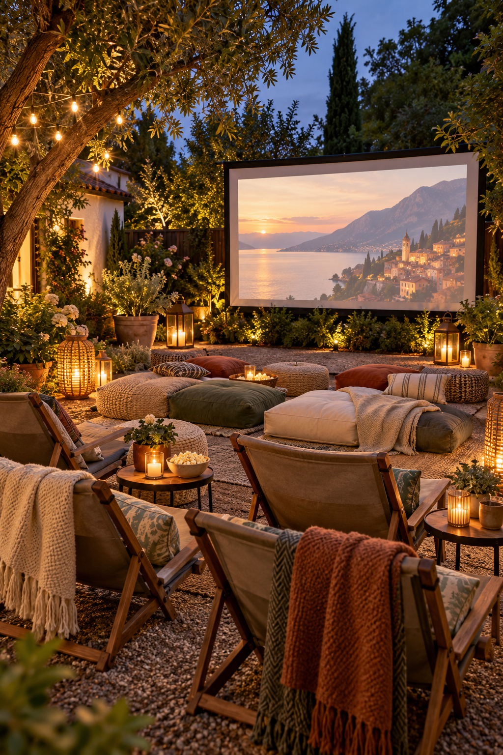 Add Low Folding Chairs behind Cushions for a magical garden movie night