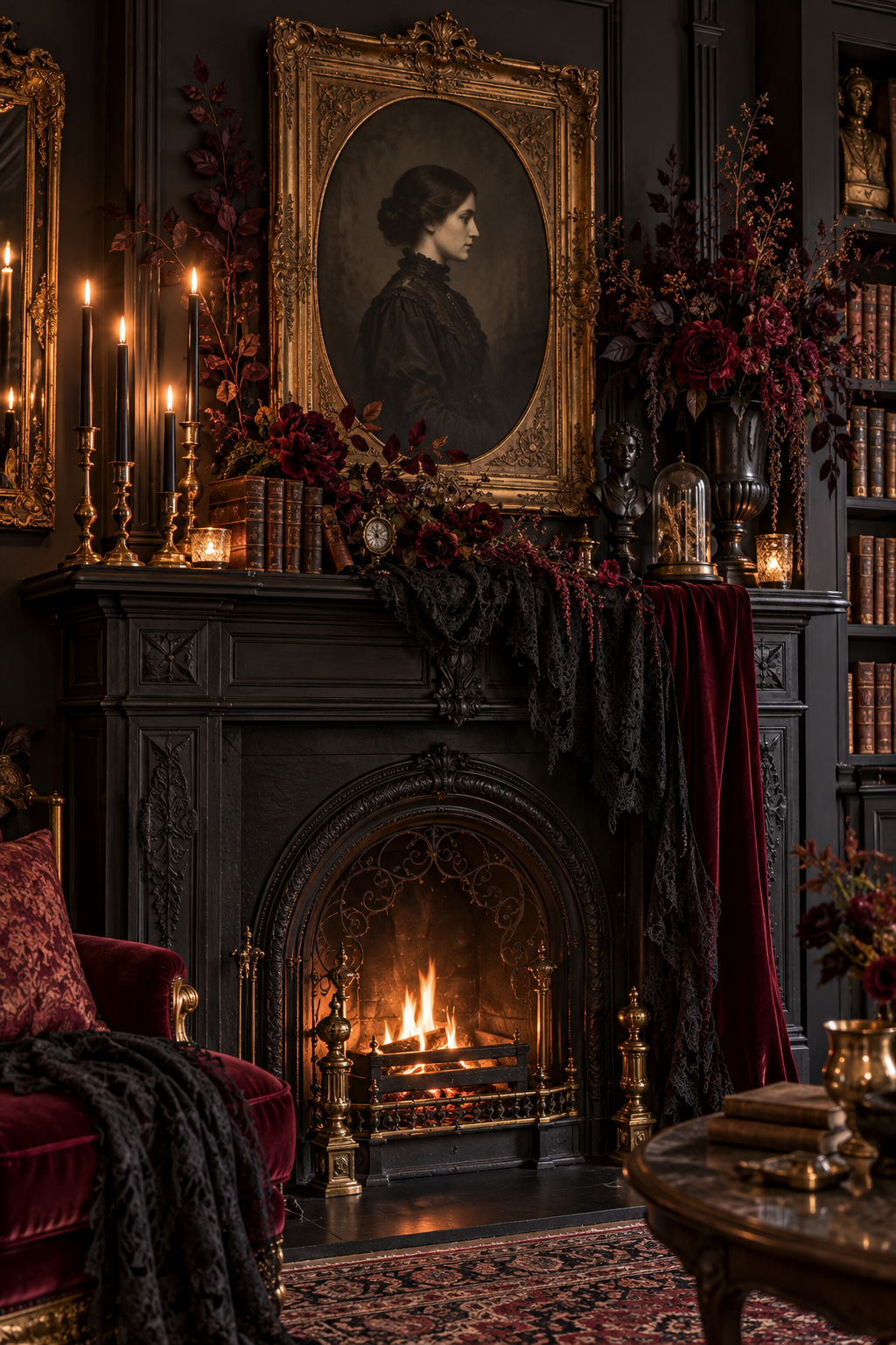 Frame a Victorian Mourning Portrait styled as gothic Victorian Halloween mantel ideas