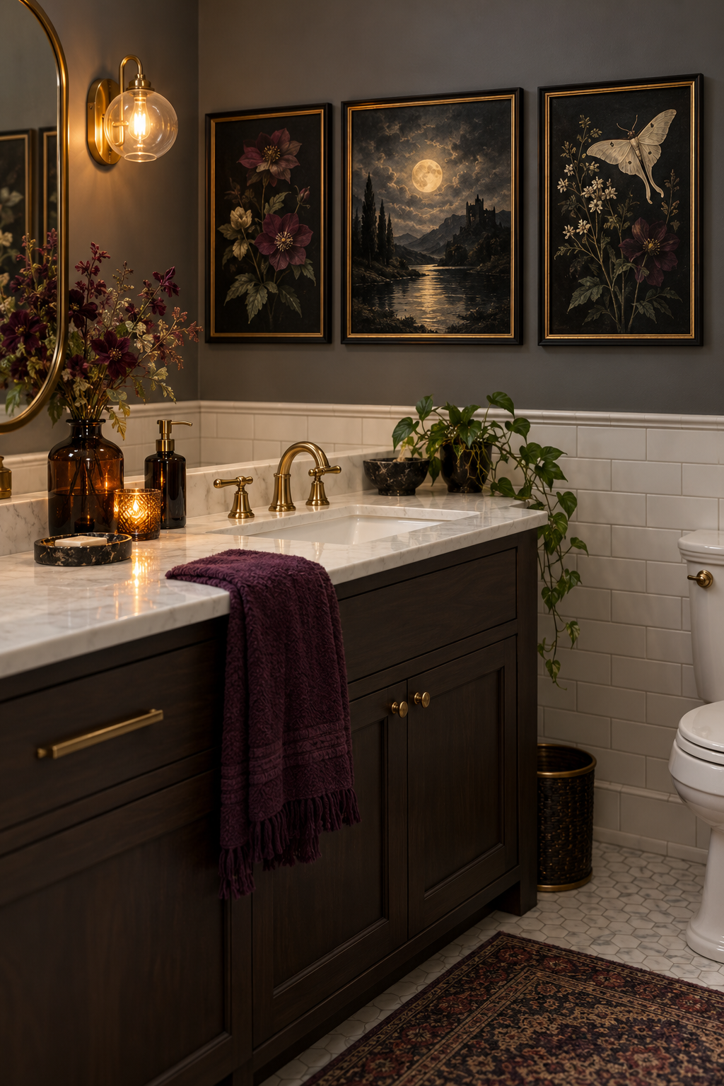 Hang Gothic Art with Moisture-Safe Frames styled as Halloween bathroom decor ideas