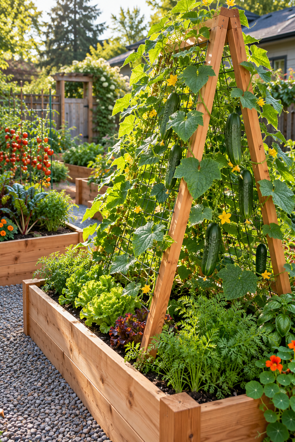 Train Cucumbers Up a Sturdy Frame in a small backyard garden