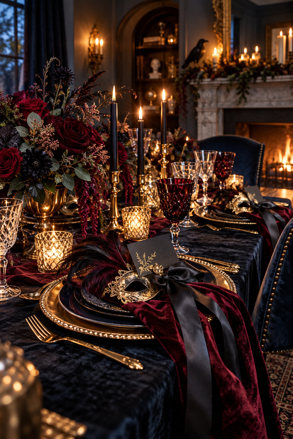 Create Dramatic Place Cards styled as Halloween masquerade tablescape ideas