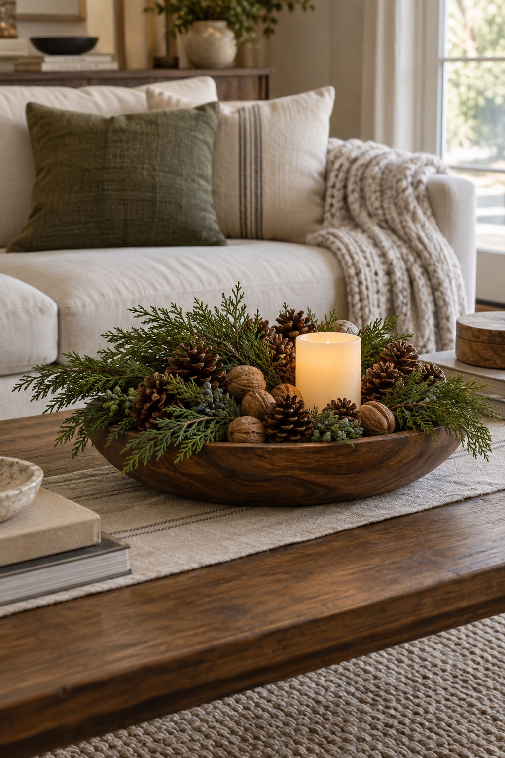 Natural Christmas coffee table with wood bowl, pinecones, greenery and flameless candle
