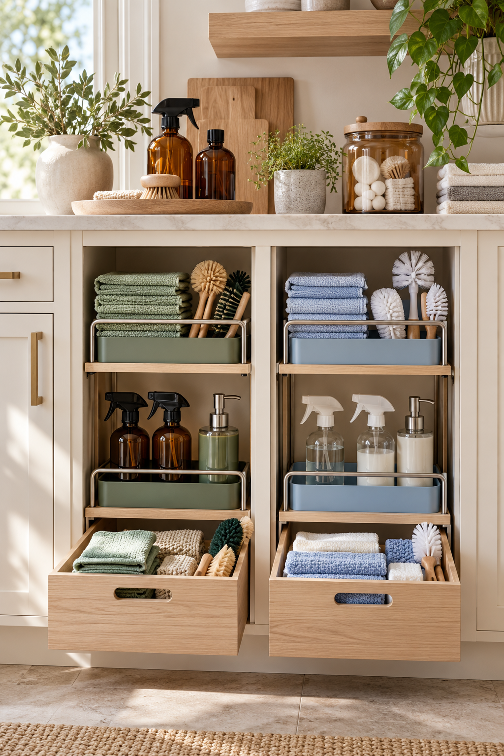 Separate Kitchen and Bathroom Tools in an organized naturally minded cleaning station