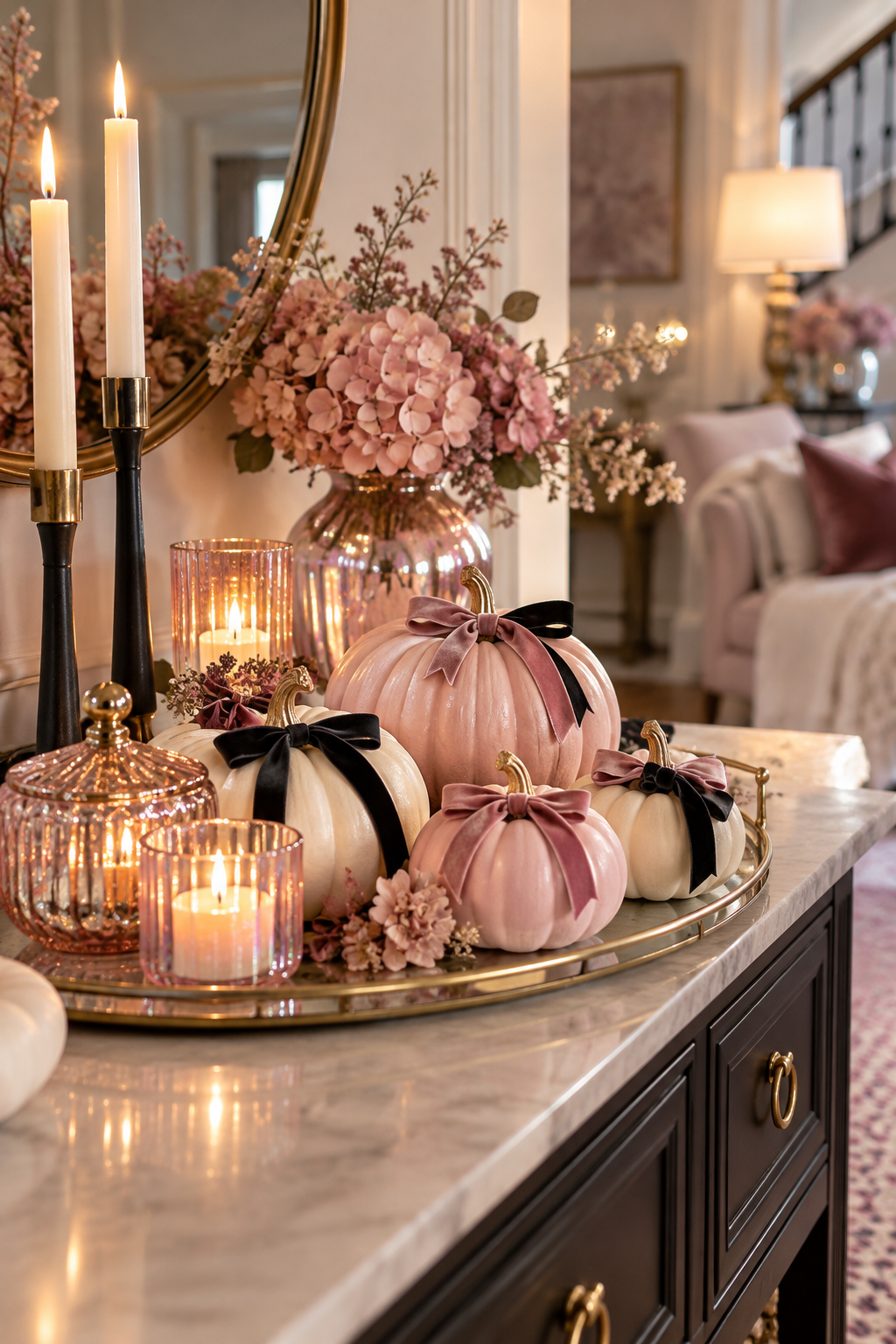 Use Velvet Bows on Mini Pumpkins styled as pink Halloween decor ideas