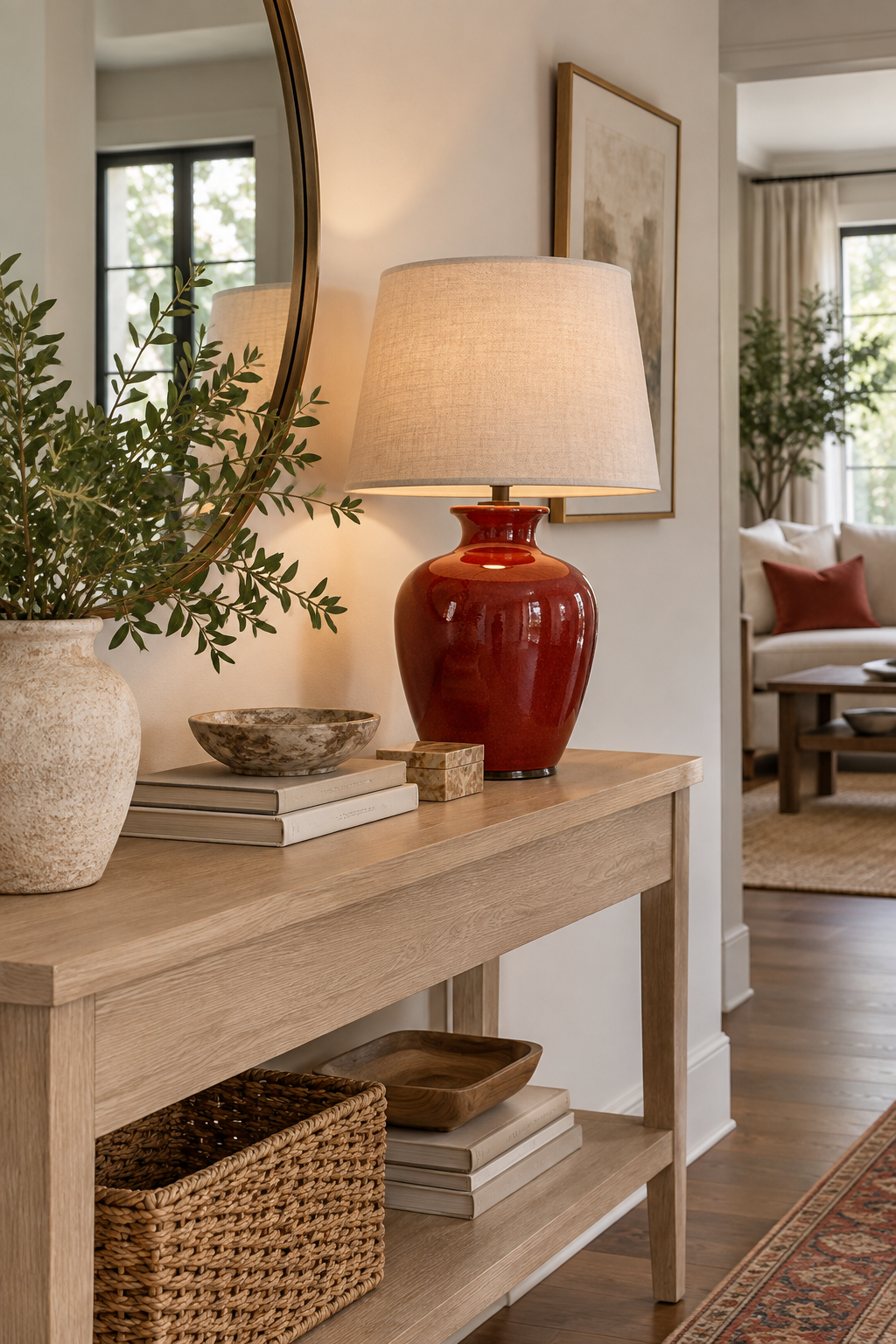 Style a Red Ceramic Lamp on a Pale Console