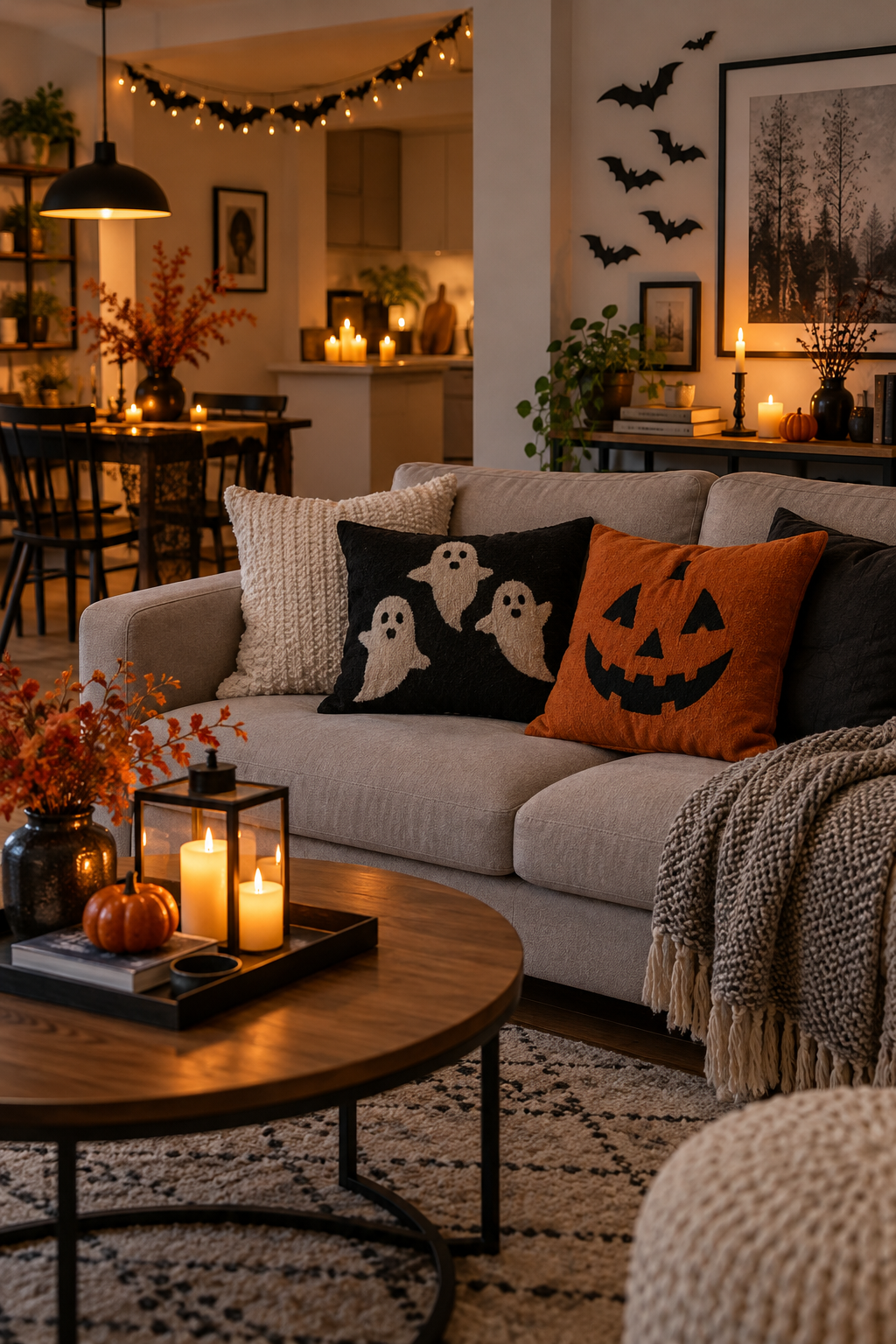 Add Halloween Pillow Covers styled as Halloween apartment decor ideas