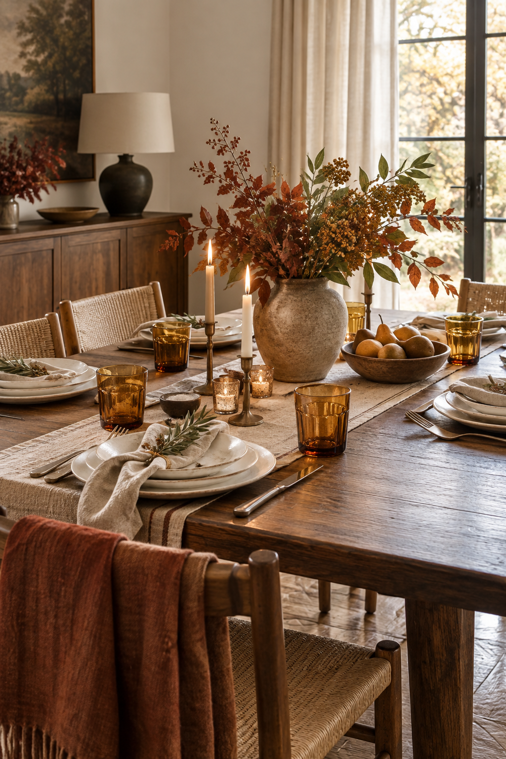 Amber glasses with white dinnerware