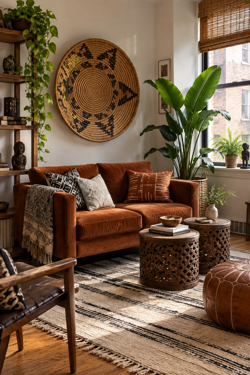Small Afrobohemian apartment living room with rust loveseat, nesting tables and woven wall basket