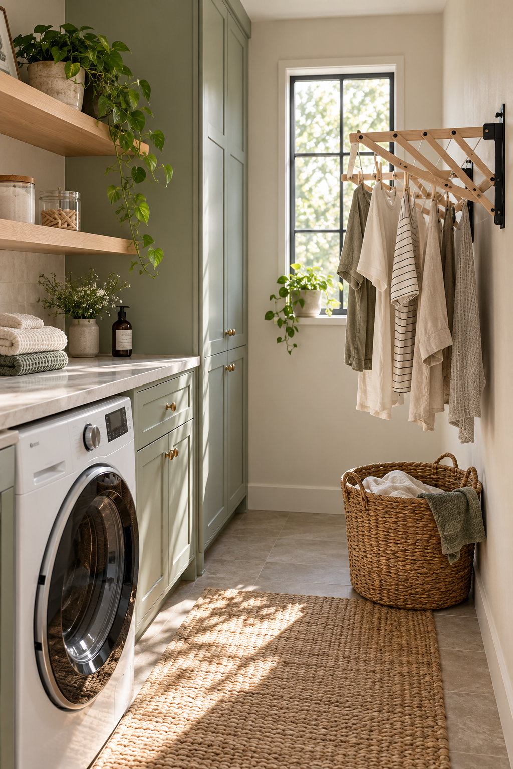 Create a Wall-Mounted Drying Rack in a compact organized laundry room
