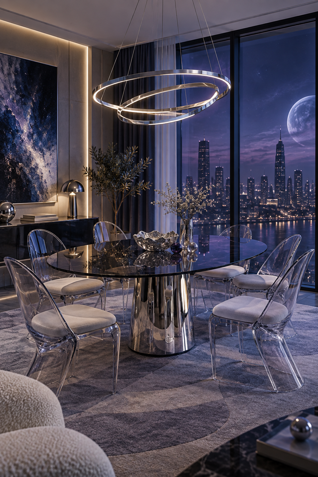 Dining room with smoked glass table and ring pendant