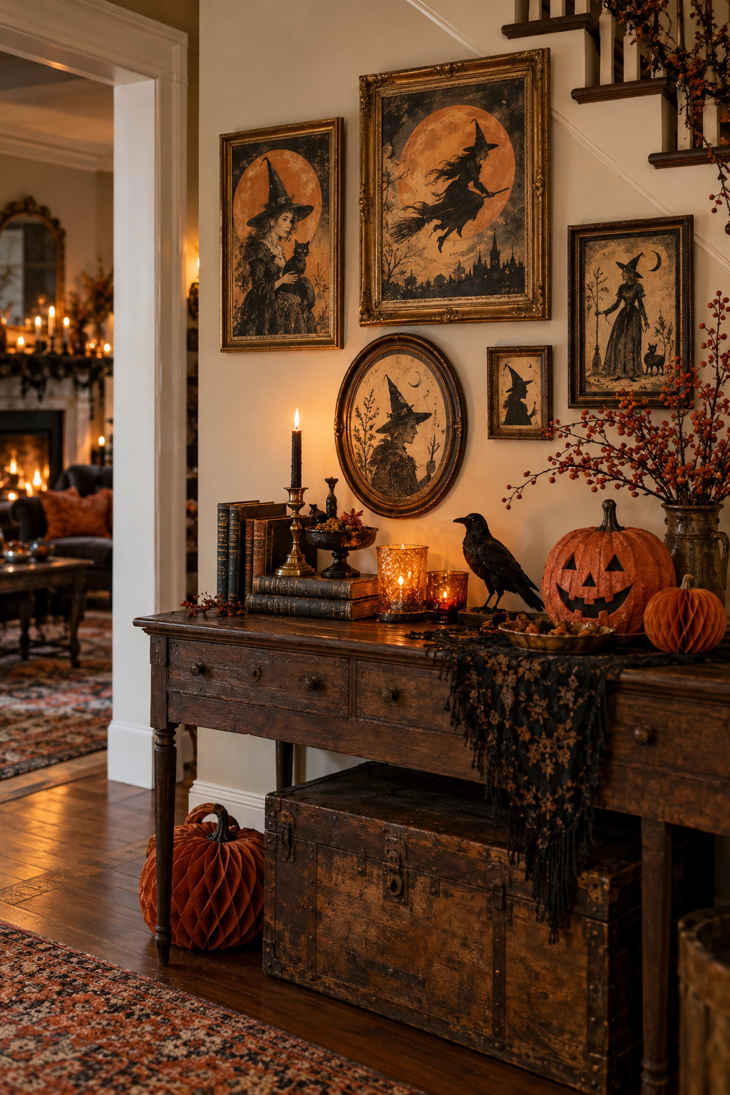Frame Vintage Witch Illustrations styled as vintage Halloween decor ideas