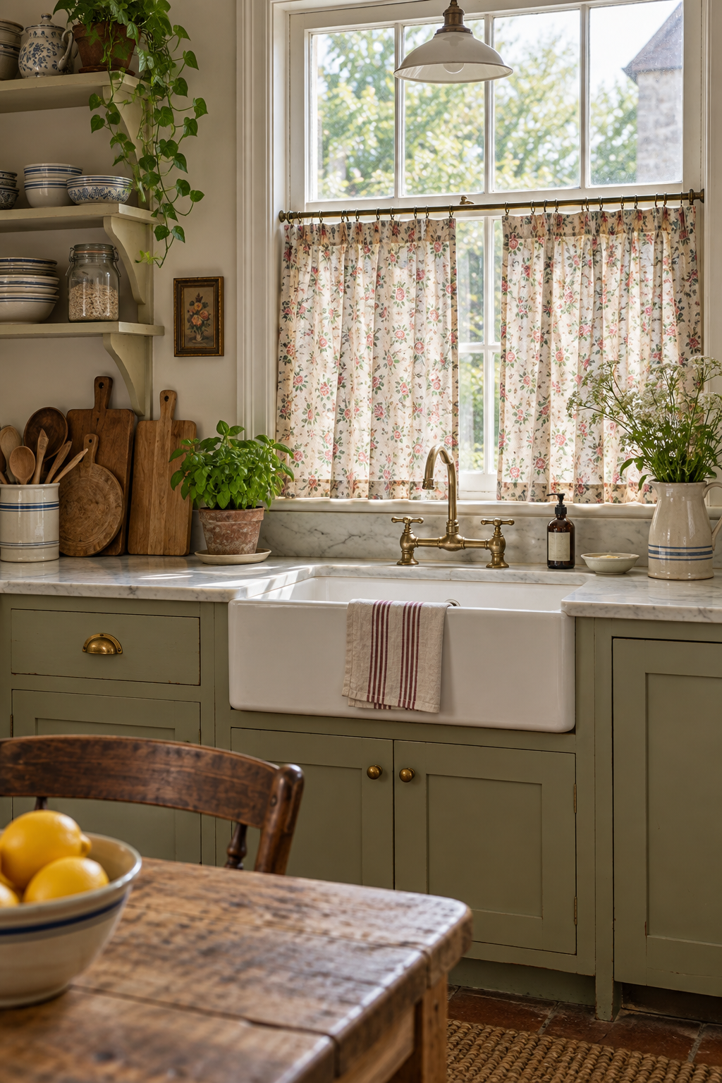 Use Café Curtains with a Small Floral Print