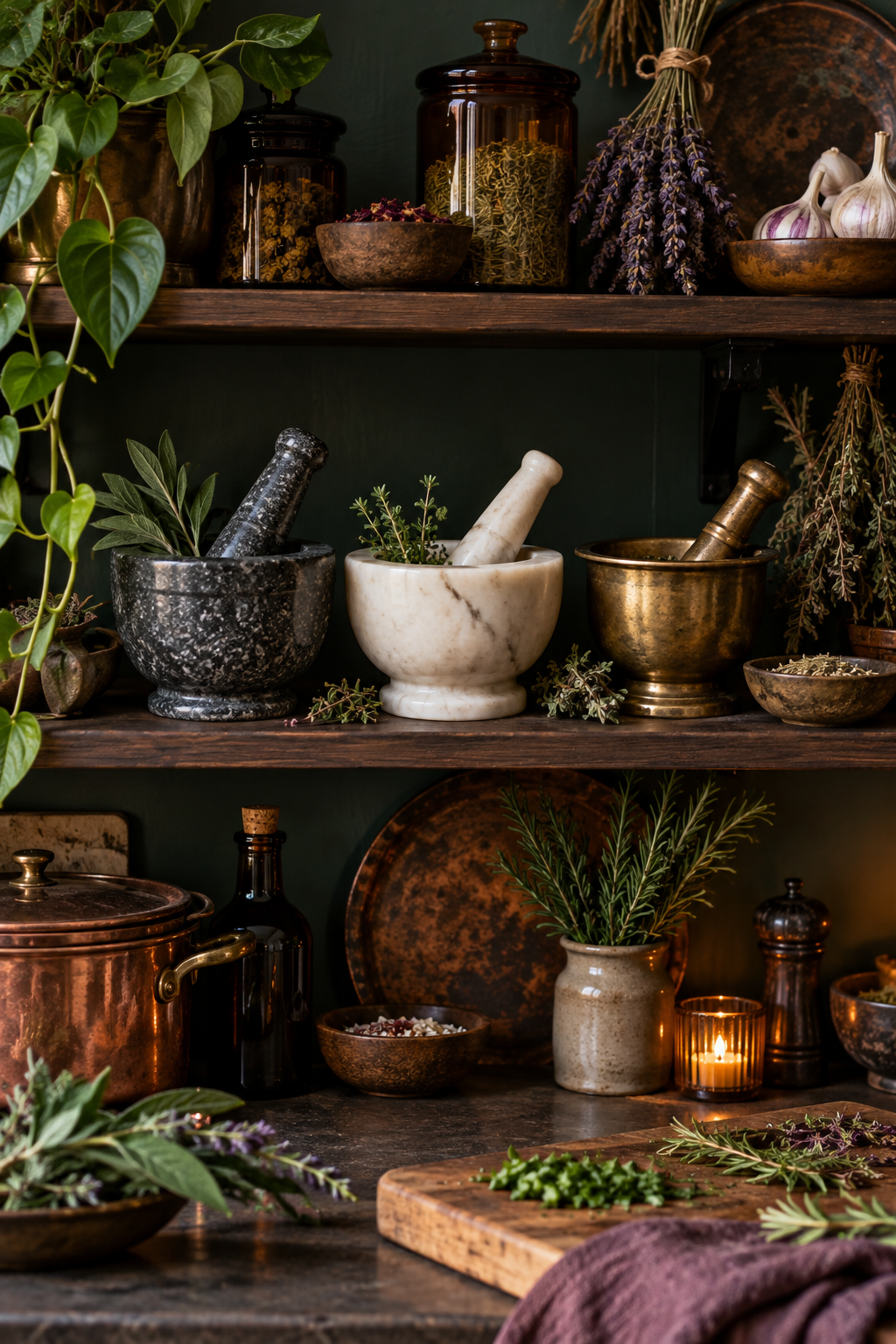 Display Mortar-and-Pestle Sets styled as witchy kitchen decor ideas