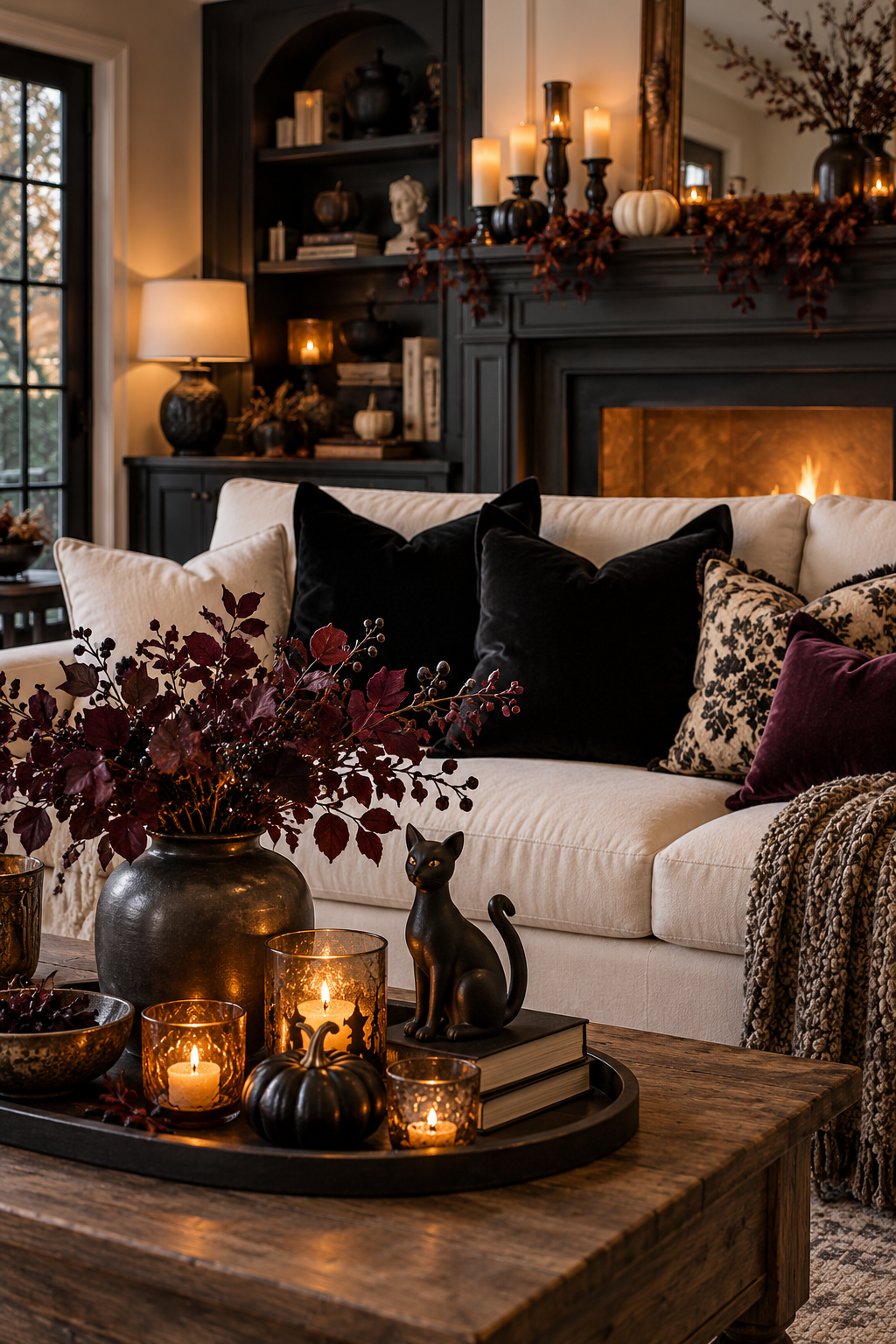 Use Velvet Cat Pillows styled as black cat Halloween decor ideas