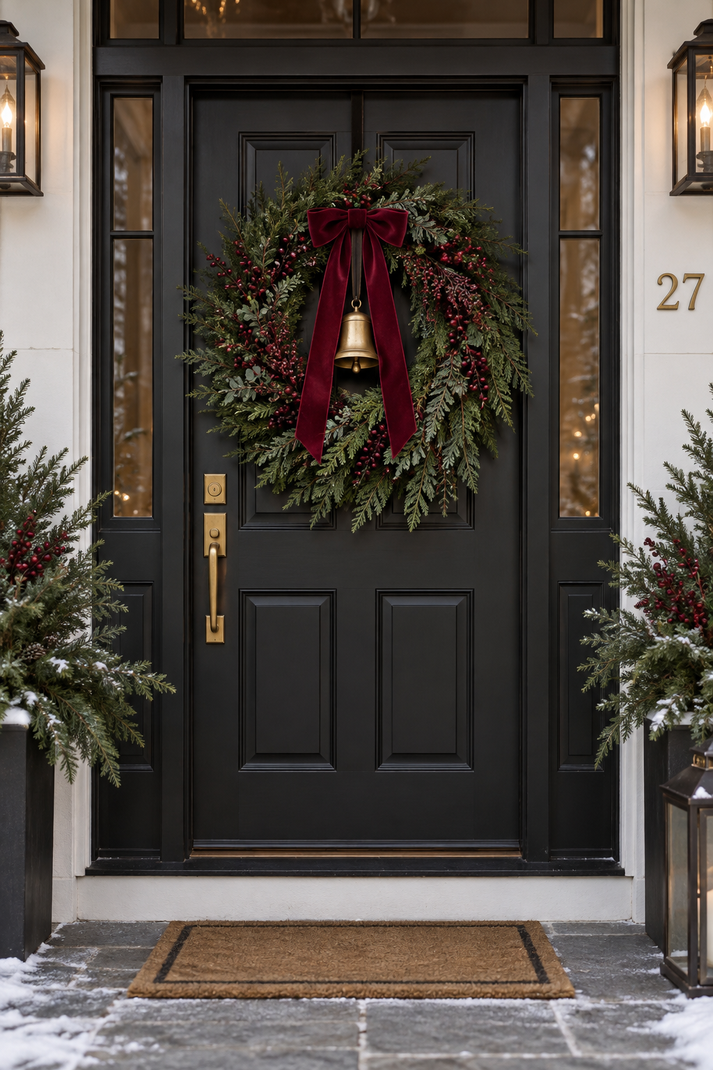Burgundy Christmas wreath on dark front door with matte brass bell