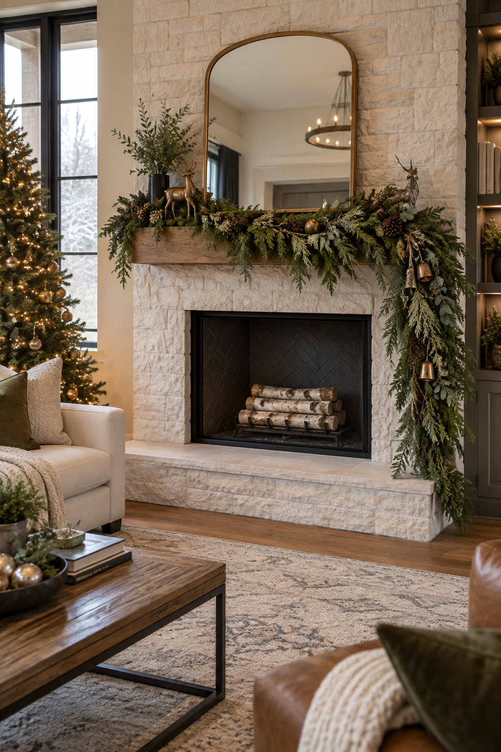 Frame the Fireplace with Asymmetrical Greenery