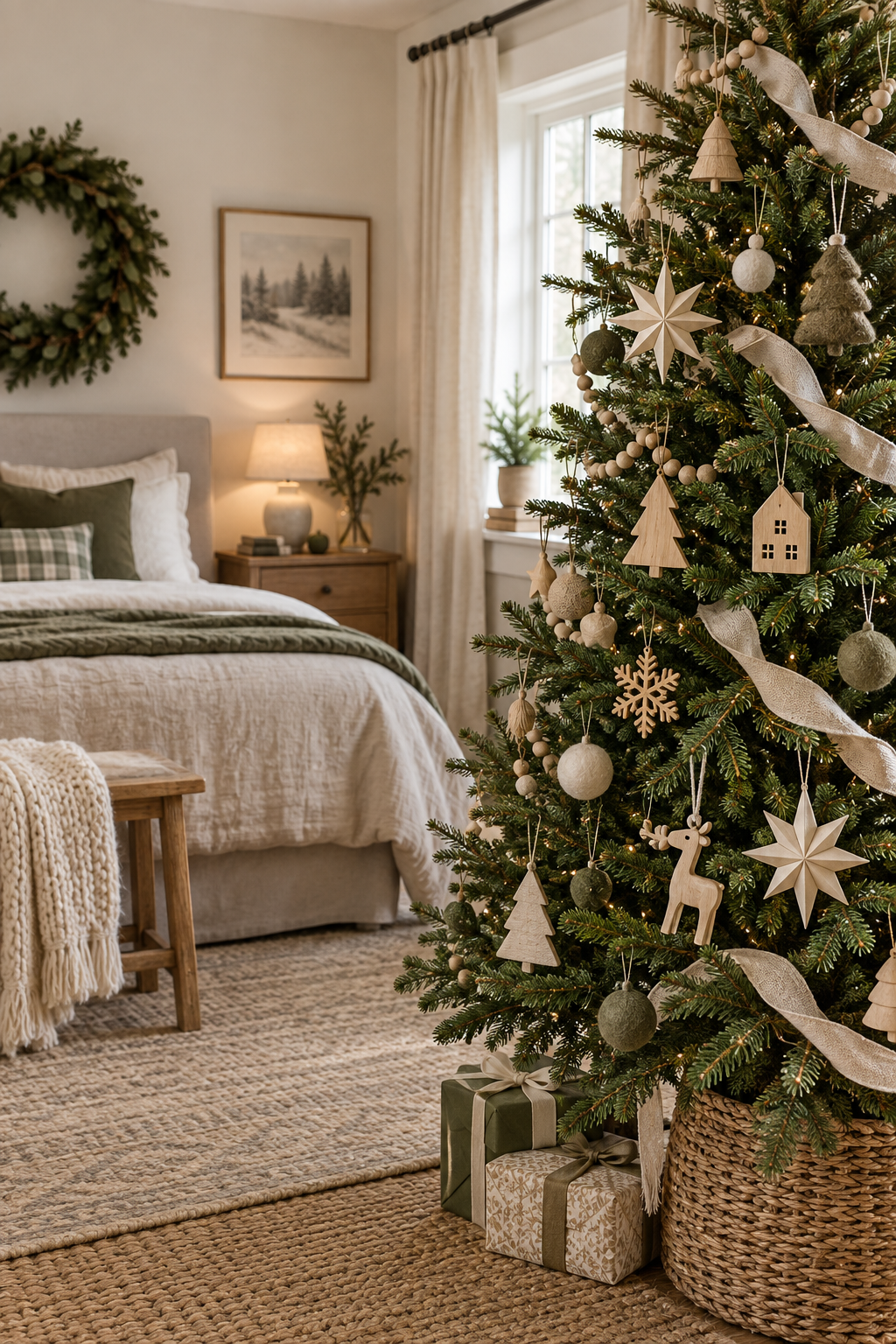 Minimal bedroom Christmas tree decorated with wood ornaments and soft neutral ribbon