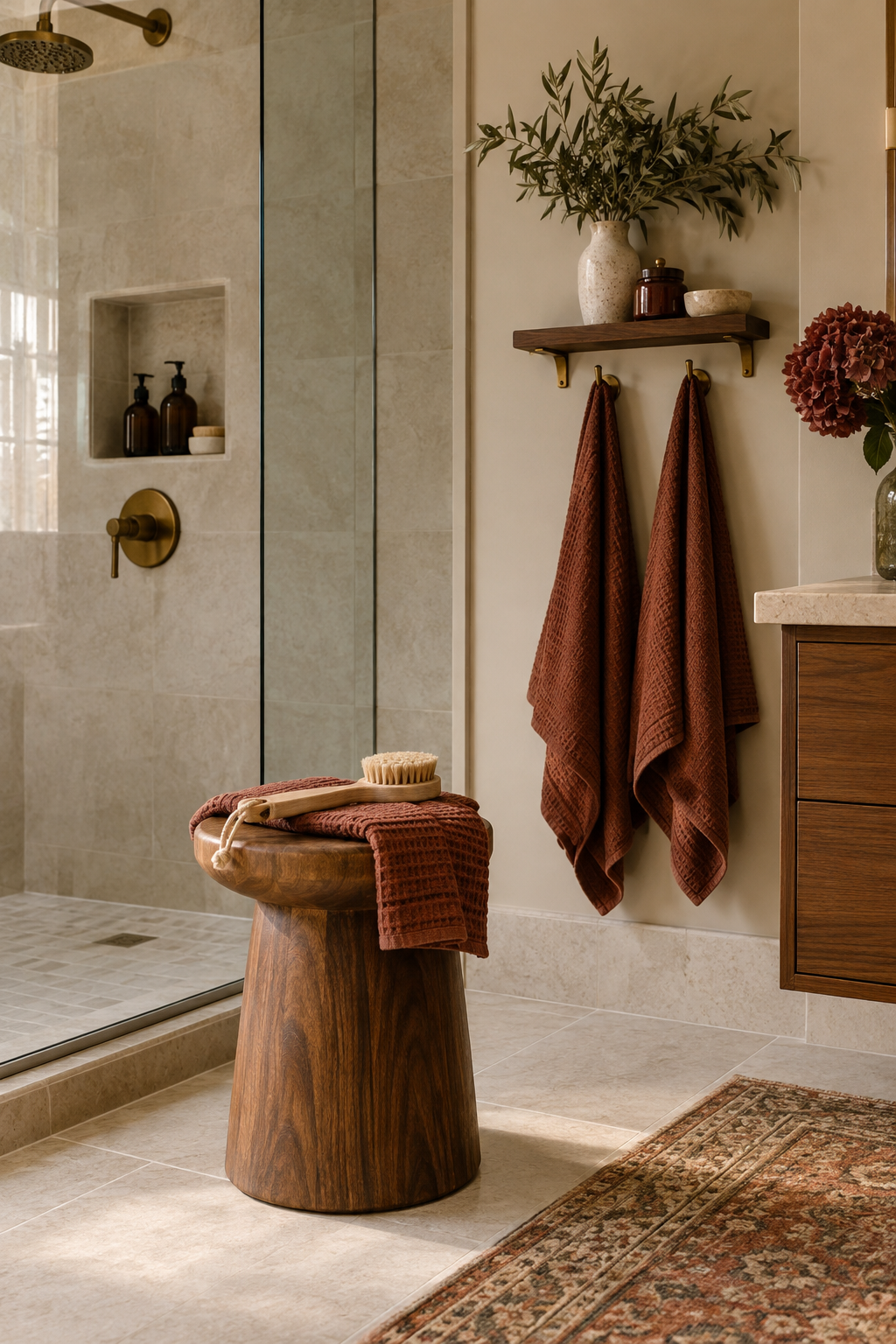Warm wood accents in fall bathroom