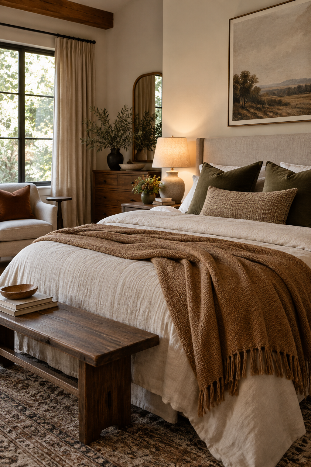 Olive and camel cozy bedroom
