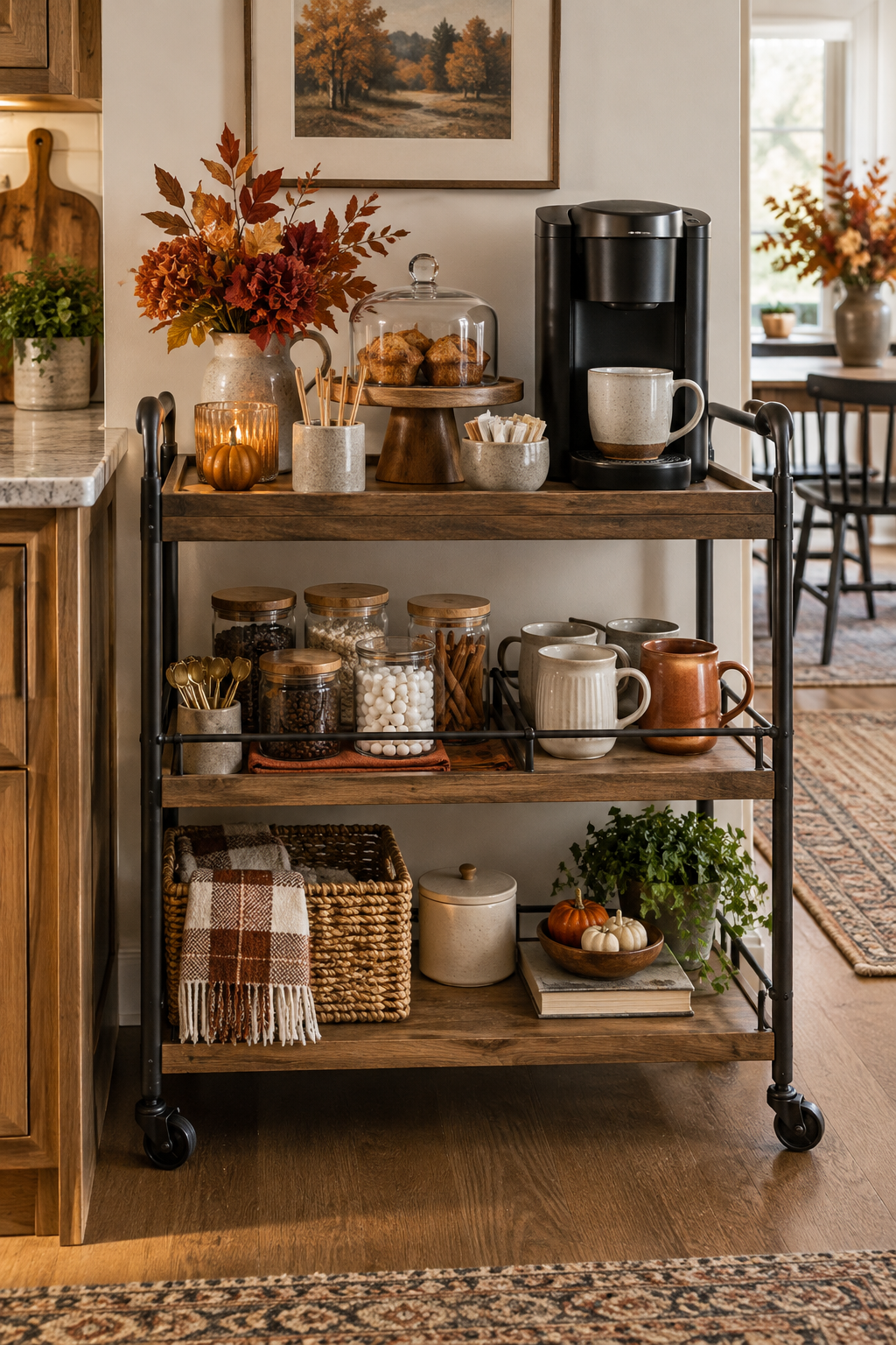 Built in fall coffee cabinet with warm wood