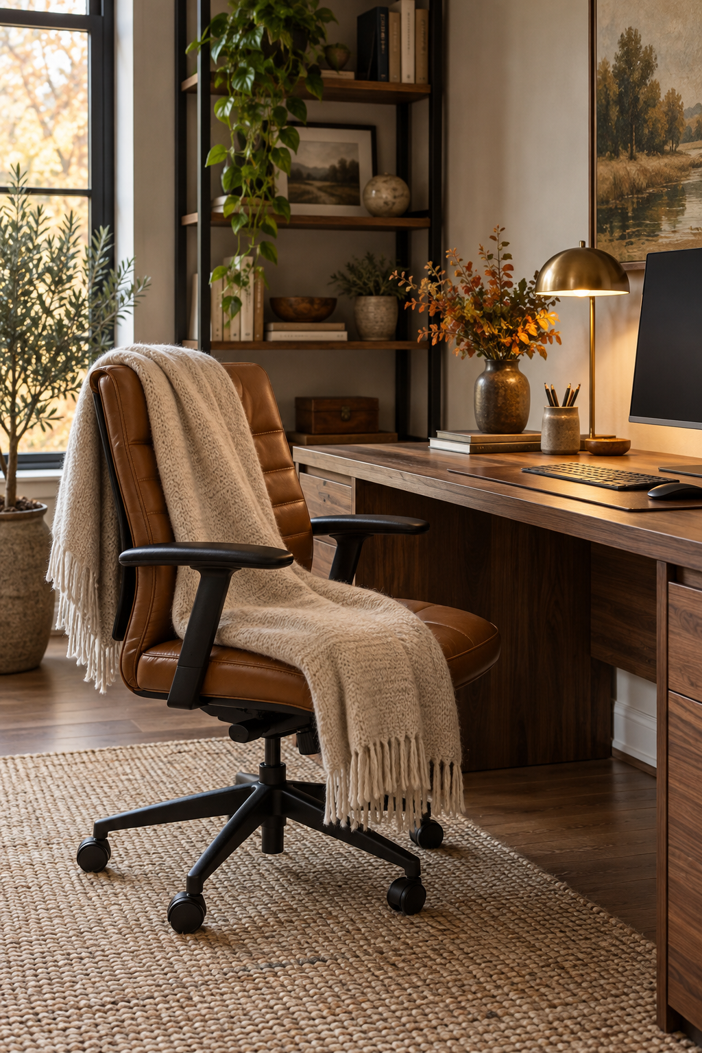 Warm throw on ergonomic office chair
