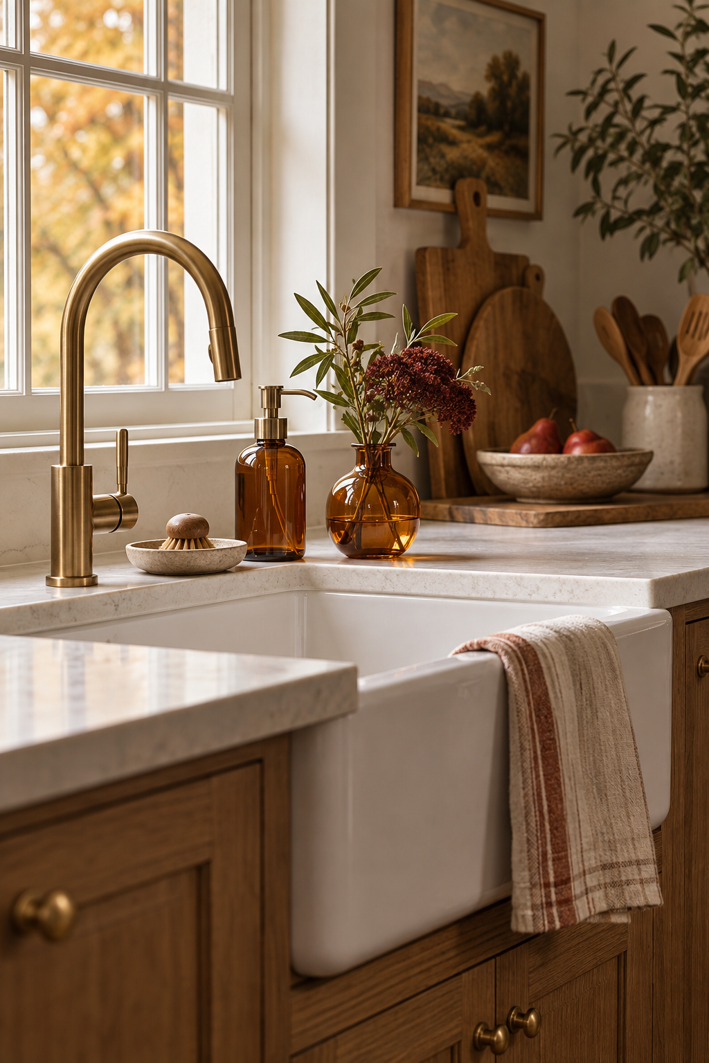 Amber glass beside autumn kitchen sink
