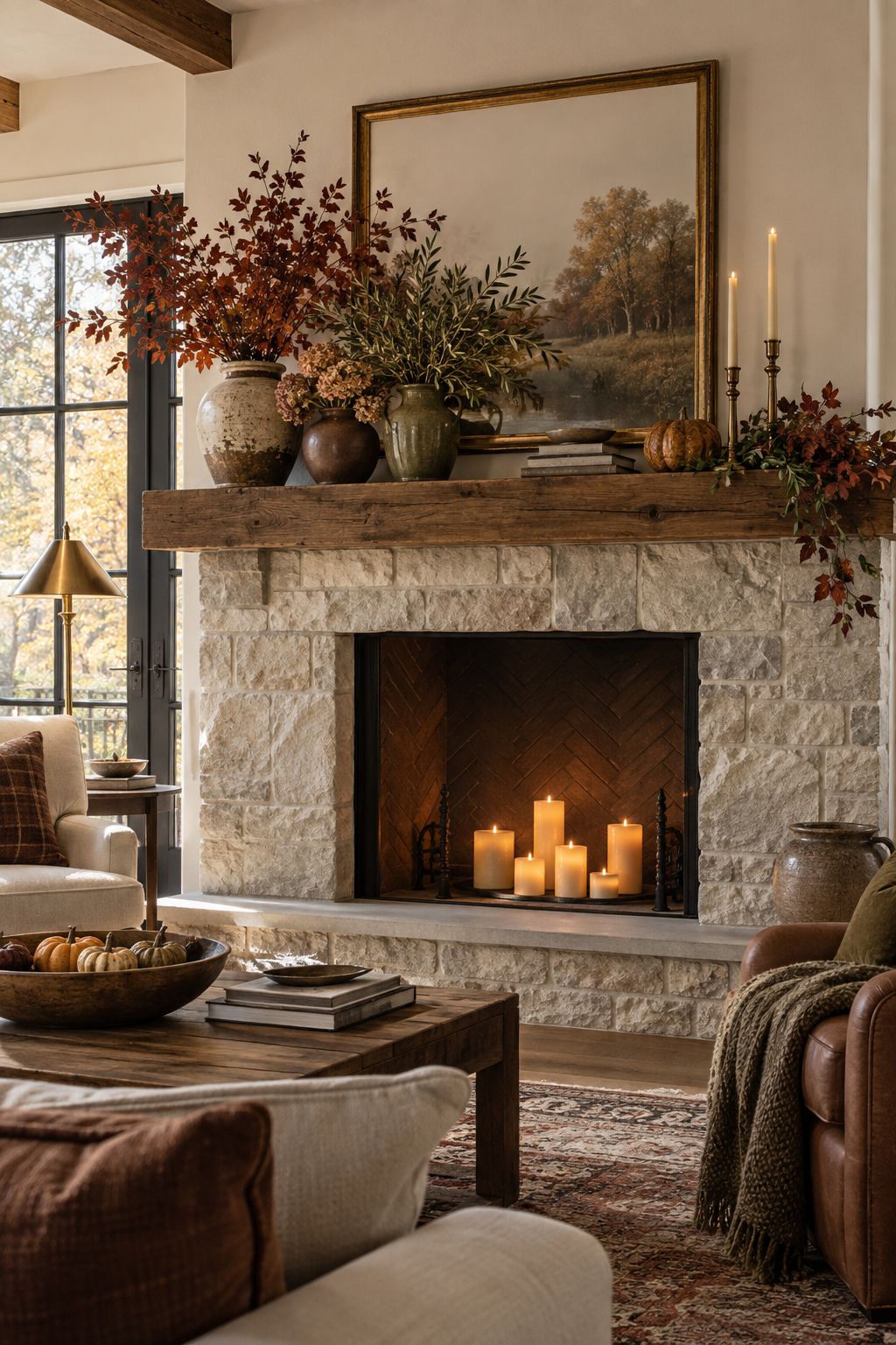 Three ceramic vases on a fall mantel