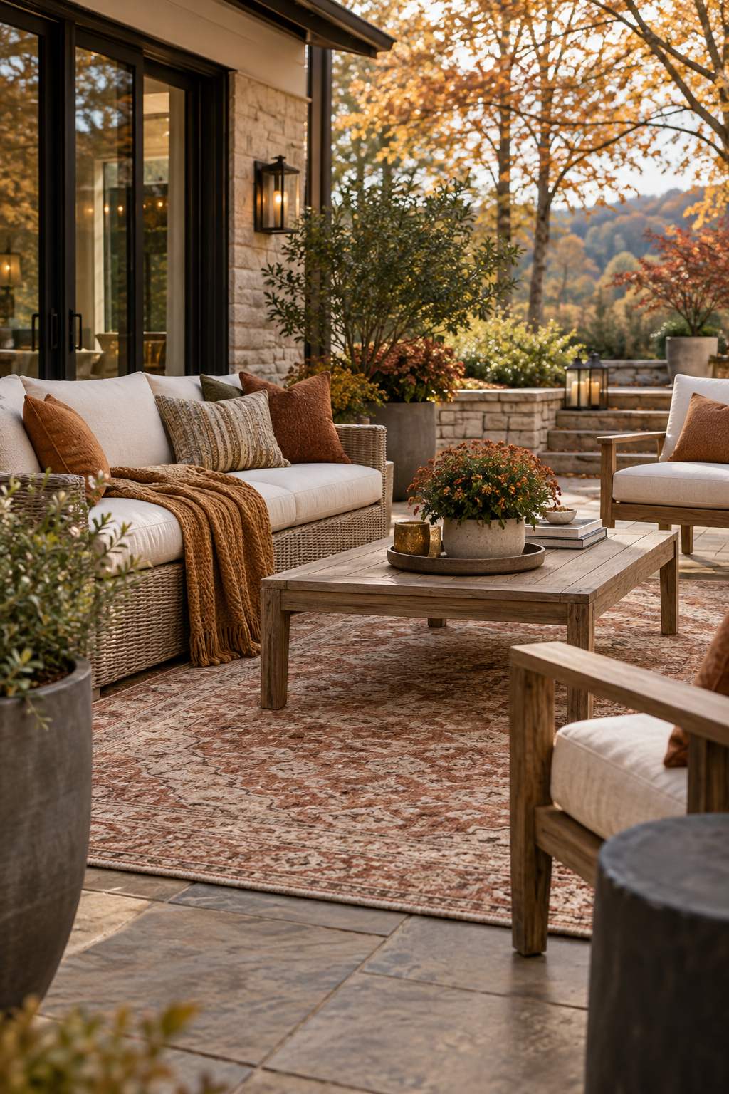 Terracotta outdoor rug on a cozy fall patio