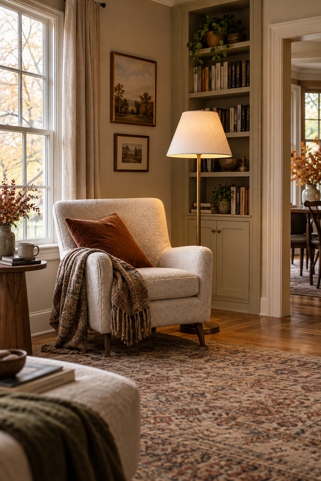 Compact task lamp in an autumn reading nook