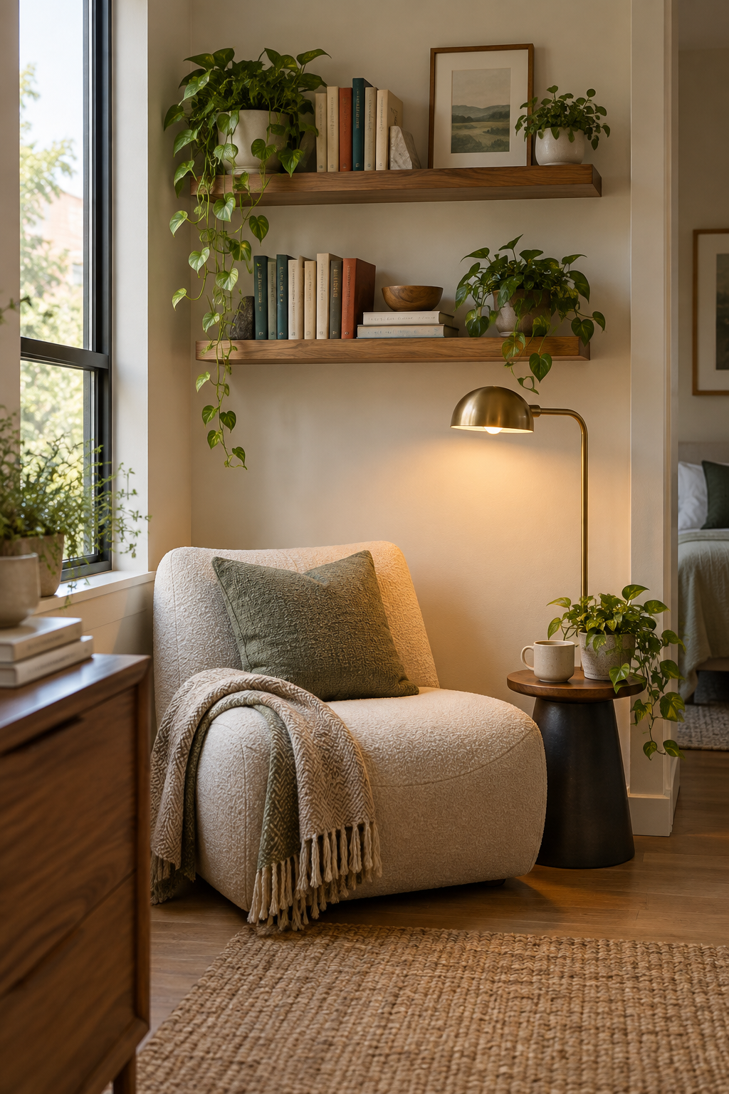 Float Shelves above a Low Lounge Chair