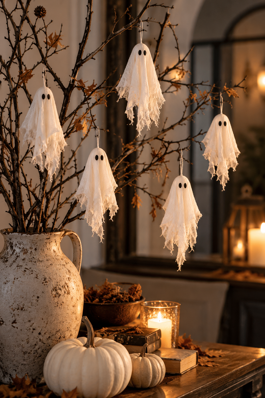 Make Mini Fabric Ghost Ornaments styled as DIY ghost decor ideas