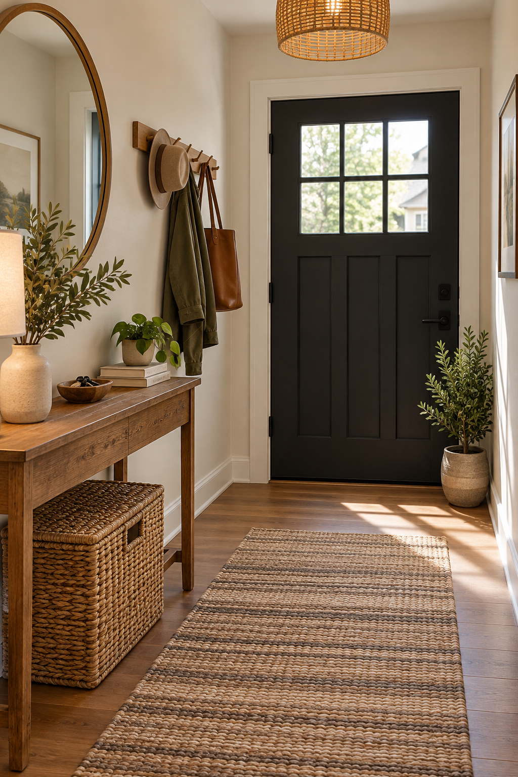 A compact first-home entryway with hooks, tray and shoe storage