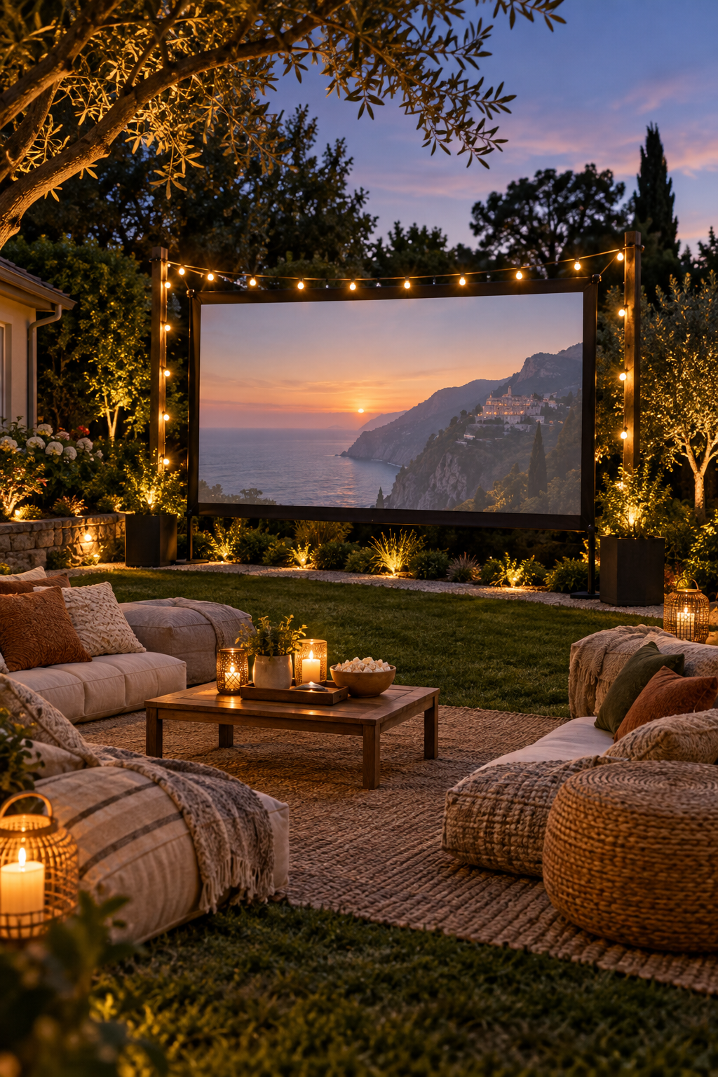 Frame the Screen with Soft String Lights for a magical garden movie night