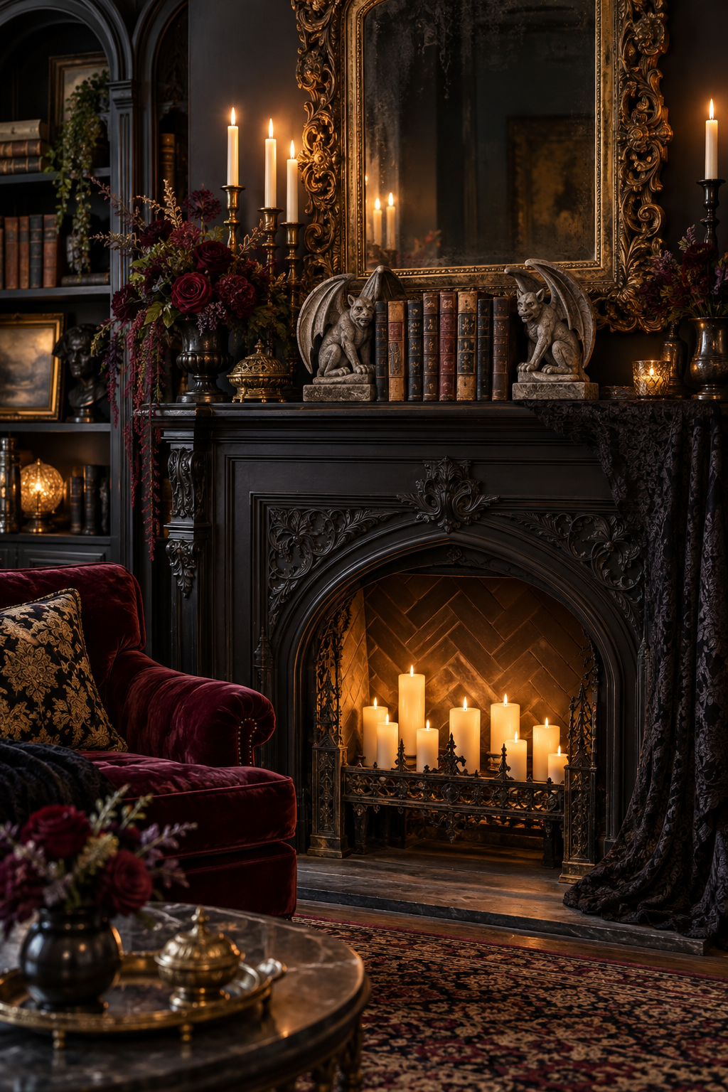 Use Gargoyle Bookends styled as gothic Victorian Halloween mantel ideas
