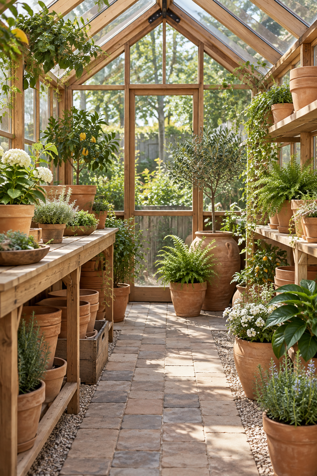 Use Terracotta Pots in Mixed Sizes inside a beautiful garden greenhouse