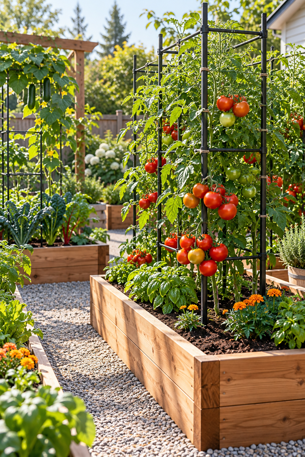 Grow Tomatoes on Strong Supports in a small backyard garden