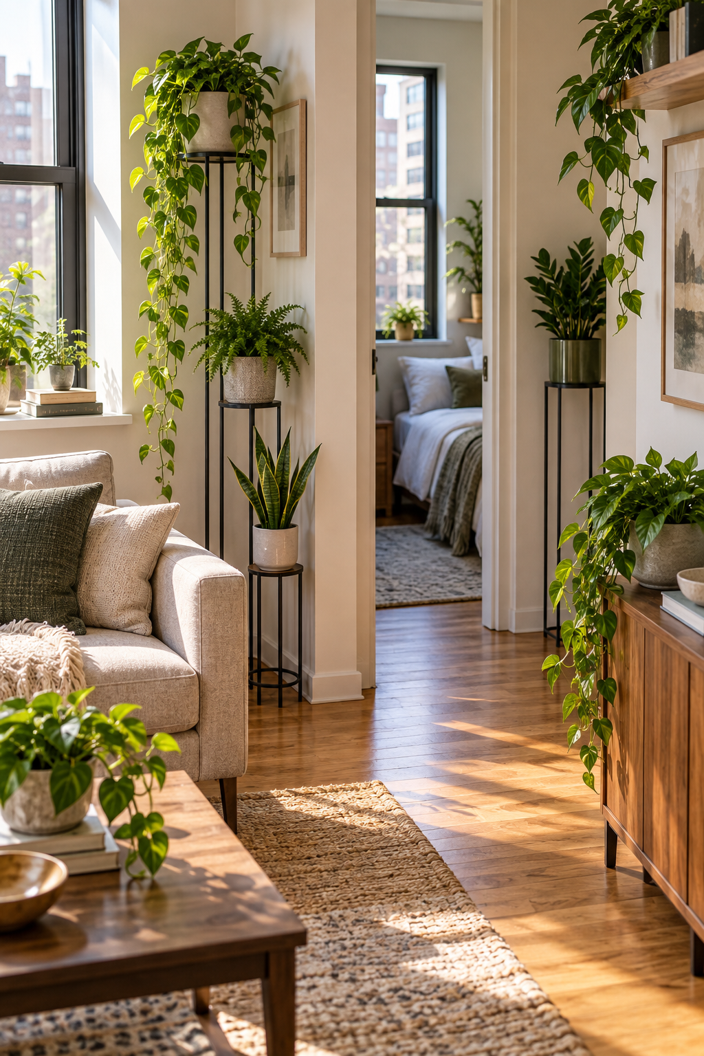 Use Slim Plant Stands in a Small Apartment