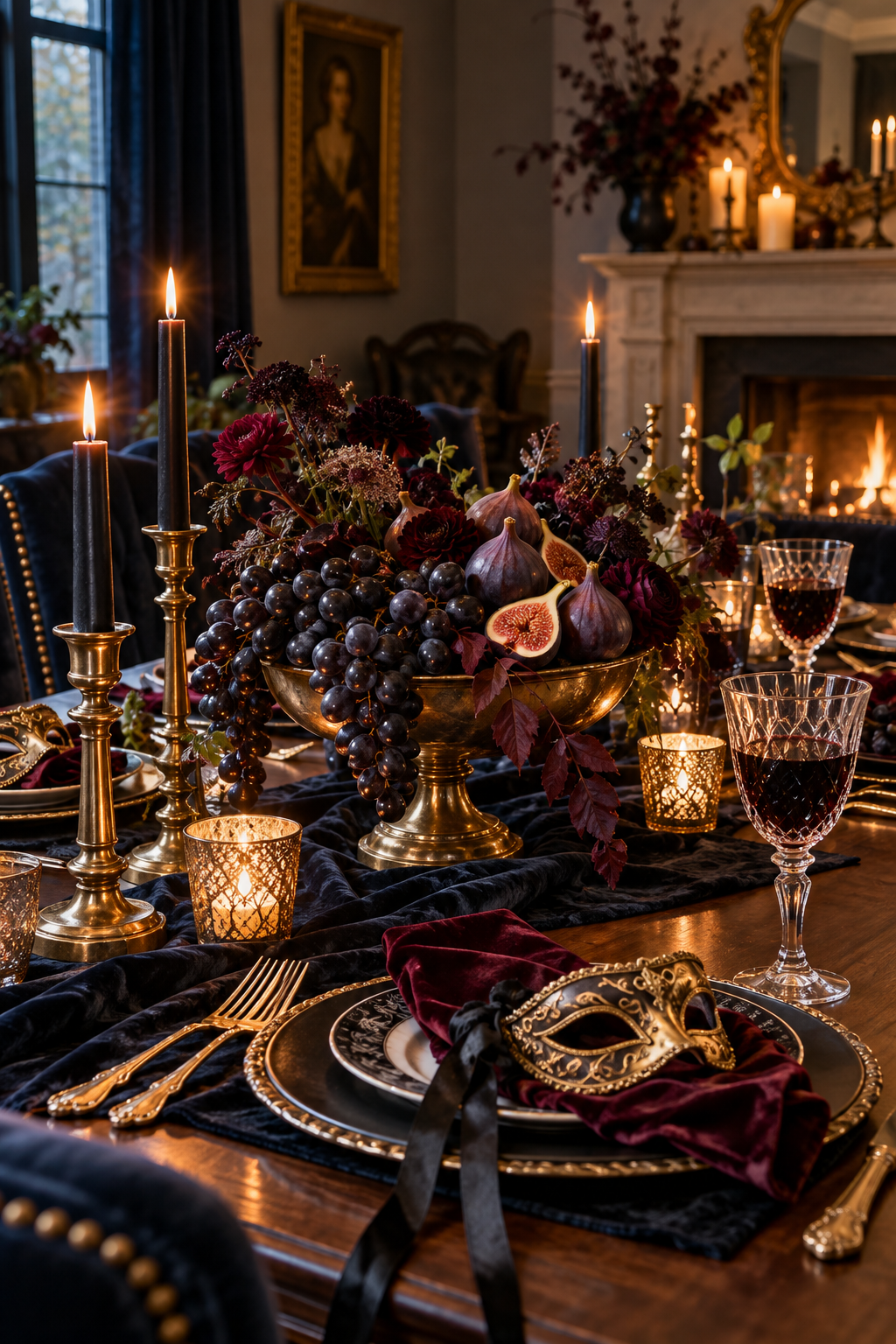 Arrange Dark Grapes and Figs styled as Halloween masquerade tablescape ideas