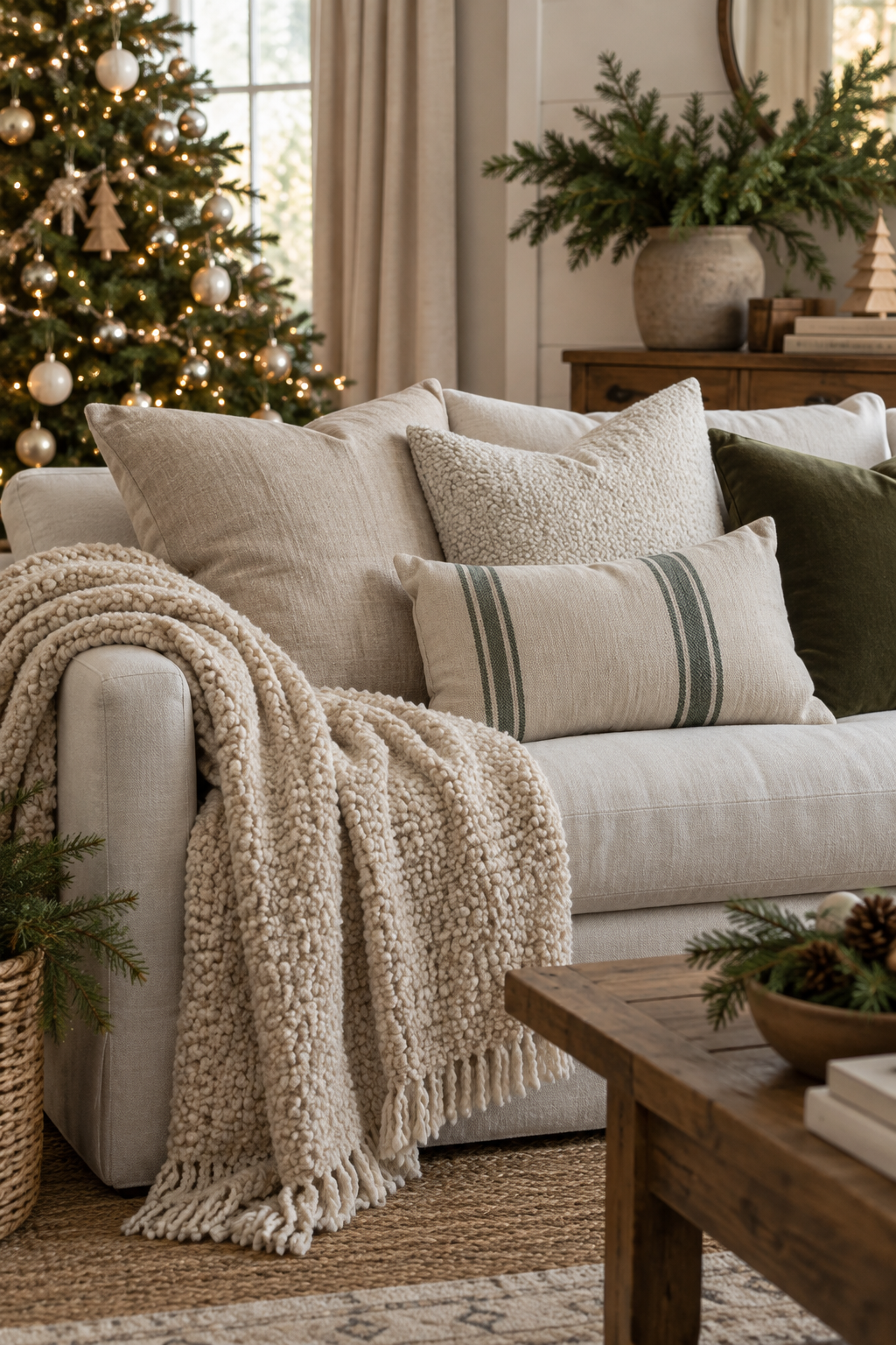 Warm neutral Christmas sofa styled with oatmeal, wool and subtle evergreen pillows