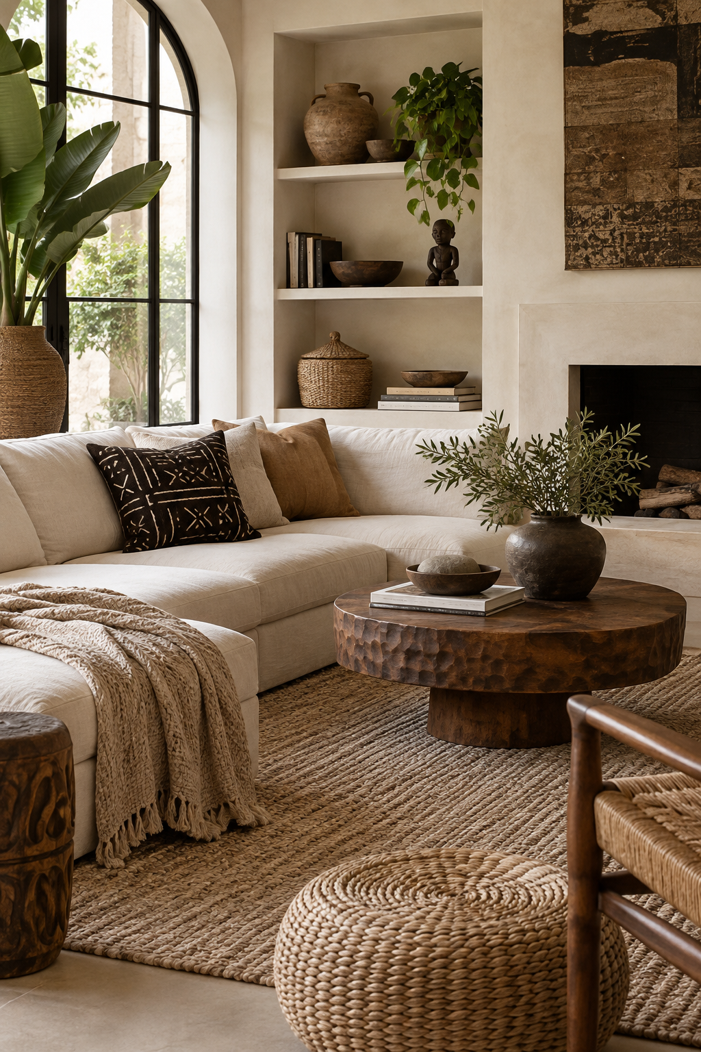 Neutral Afrobohemian lounge with cream sofa, carved wood table, woven textures and black mudcloth pillow